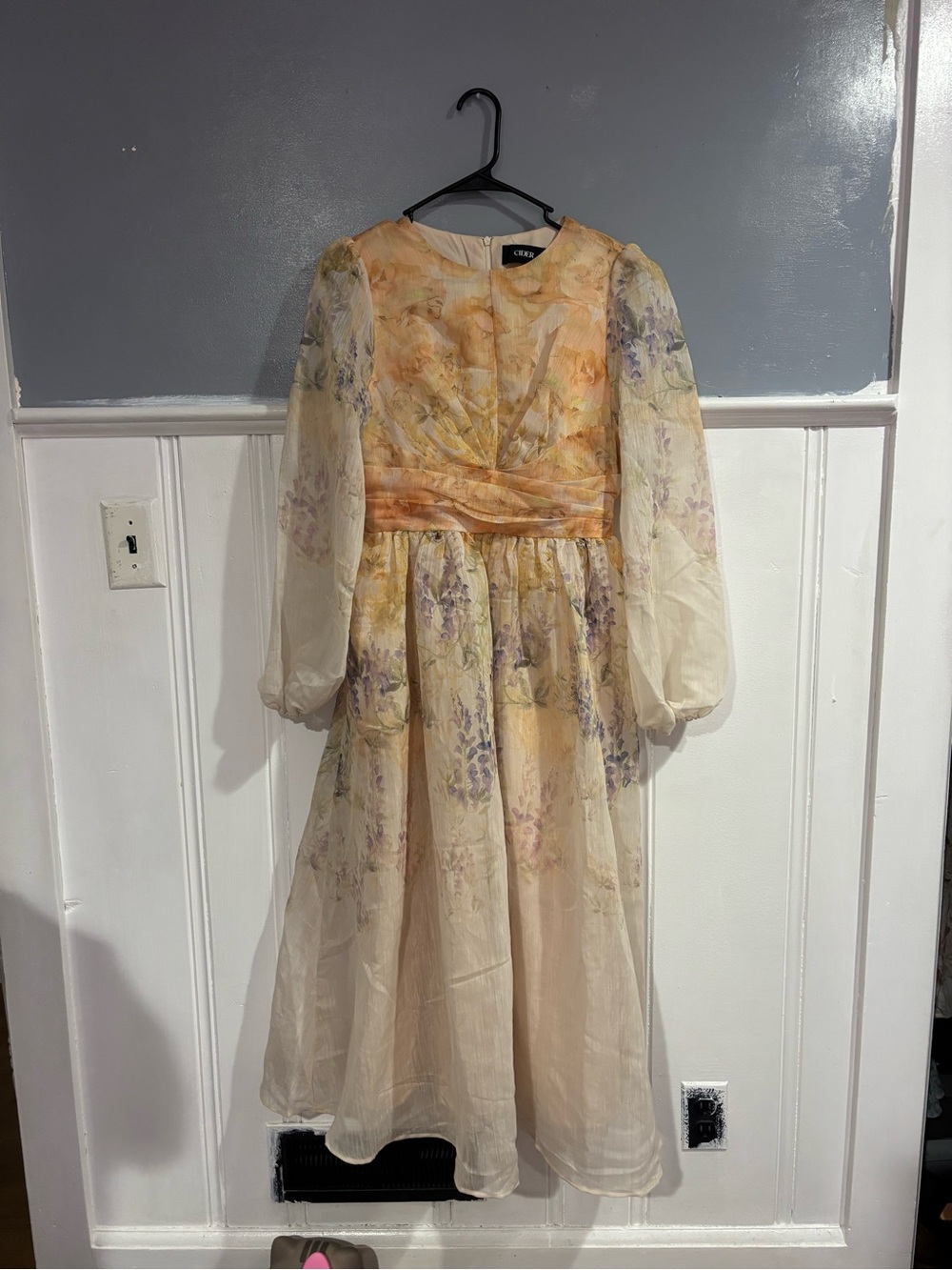 Cider Peach Floral Chiffon Girls' Dress with Sheer Puff Sleeves